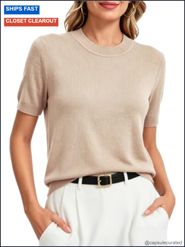 Lightweight Merino Wool Blend Short Sleeve Sweater Crewneck Knit